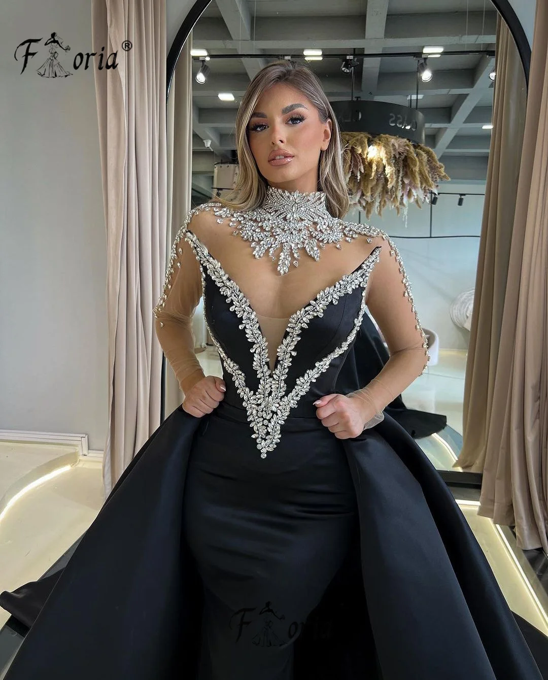 CitroBeadings-Robe de Soirée en Satin Noir Transparent, Tenue de Mariage Délicate, Dubaï, avec Traîne Amovible, Grande Taille