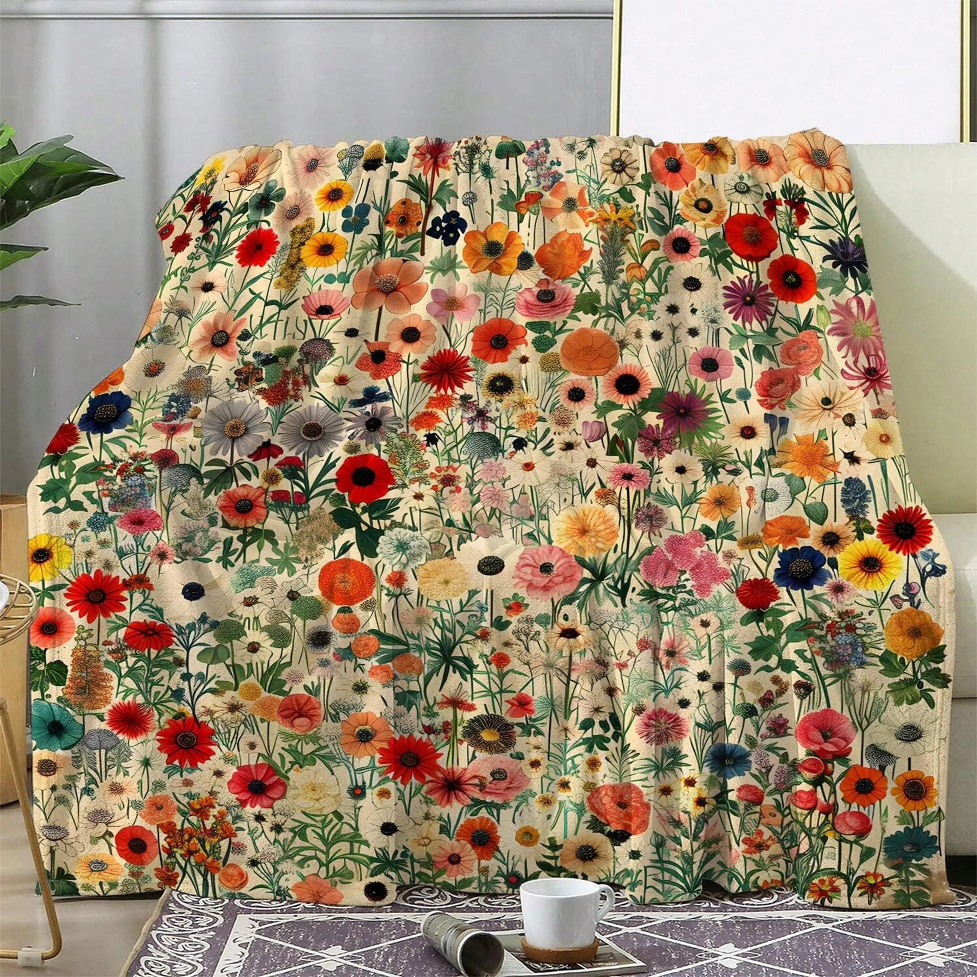 

Vintage Floral Print Flannel Blanket - Soft Warm All-Season Throw for Office, Camping & Travel, Cozy Gift for Men & Women