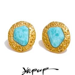 Yhpup Natural Amazonite Stone Stainless Steel Golden Stud Earrings 18k PVD Plated Waterproof Fashion Metal Daily Charm Jewelry