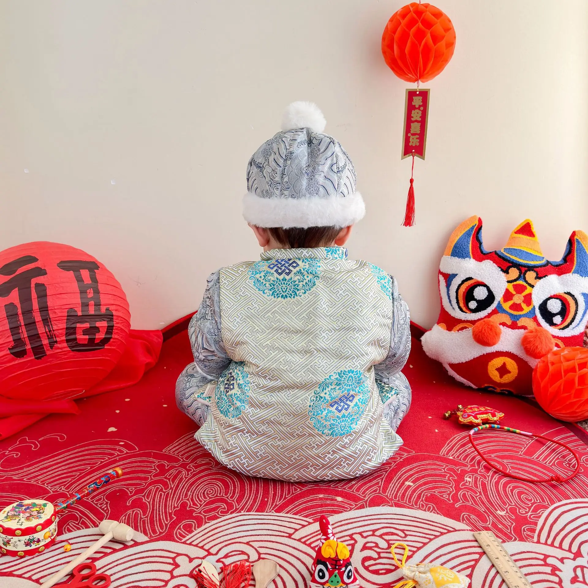 2025 Winter Baby Tangsuit 6-36M Children Kids Boys Girls First Birthday Customes Thicken Warm Tops+Pants With Hat 3 Pcs Outfits