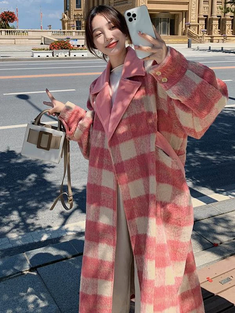 Winter Woman Woolen Coat Pink Plaid Color Block With Sashes Vintage Style Lapel Collar Loose Jackets 2023 Autumn Fashion