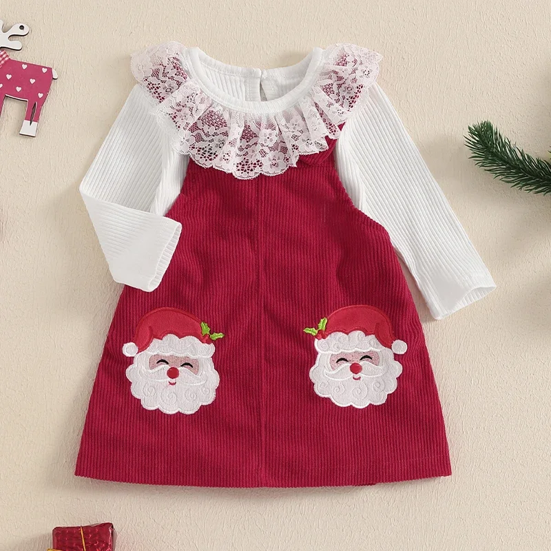 Baby Girl Christmas Outfit Solid Color Lace Trim Long Sleeve Ribbed Romper Santa Claus Embroidery Suspender Skirt 2 Piece Set image 2
