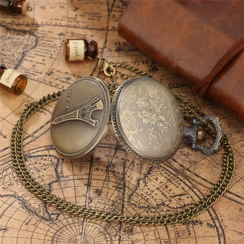 Antique Paris Tower Design Men Women Quartz Analog Pocket Watch Full Hunter Clock Sweater Necklace Chain Souvenir Reloj