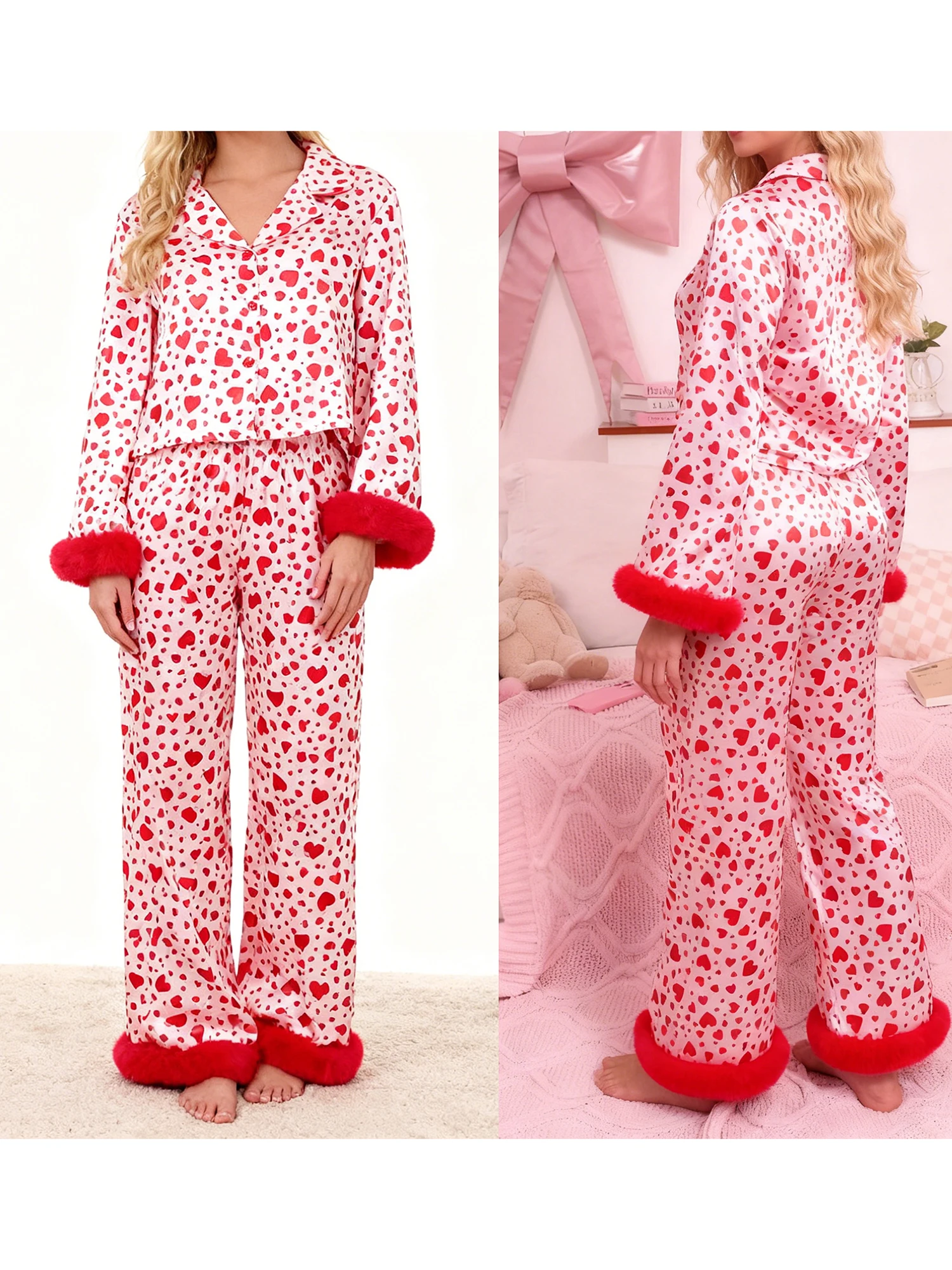 

Valentine s Day Women s Pajama Set with Heart Print Long Sleeve Button Up Top and Pants Lounge Wear 2 Piece Set for Comfort