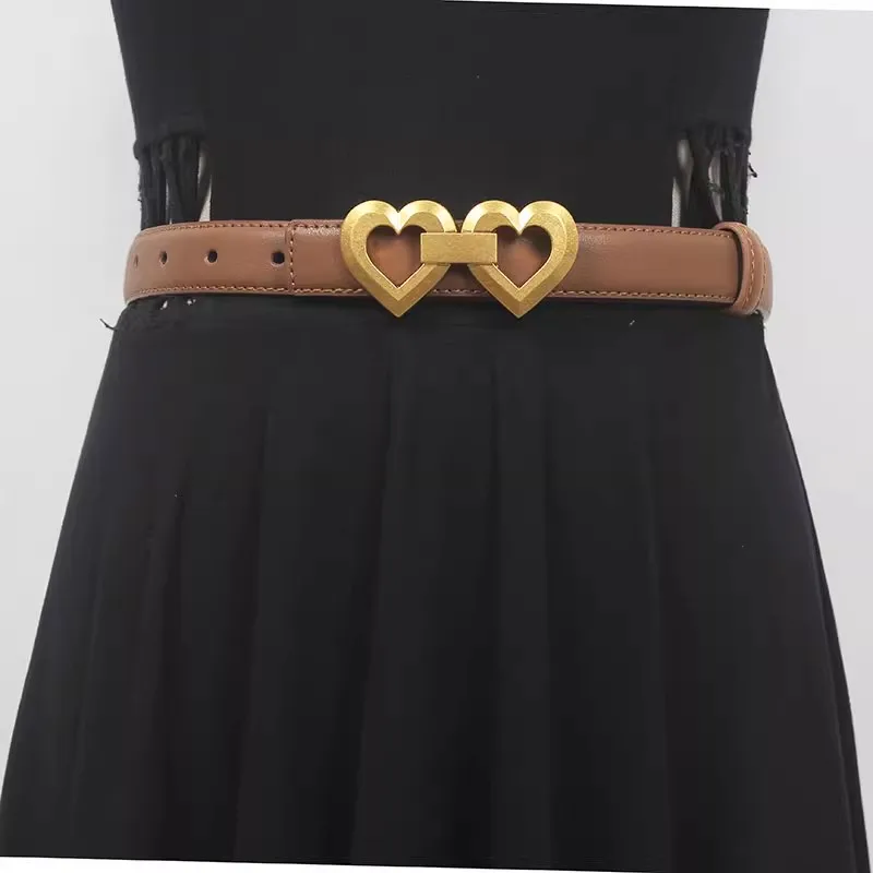 Women's Fashion Genuine Leather Heart Buckle Cummerbunds Female Dress Corsets Waistband Belts Decoration Narrow Belt R961