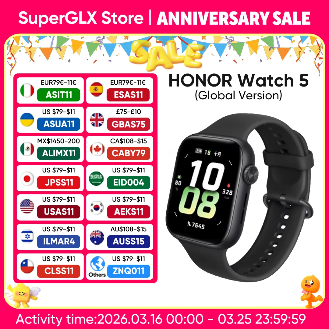 

Global Version HONOR Watch 5 Smartwatch 1.85'' AMOLED Color Screen 64MB RAM+4GB ROM 480mAh Battery Support Bluetooth 5ATM&IP68
