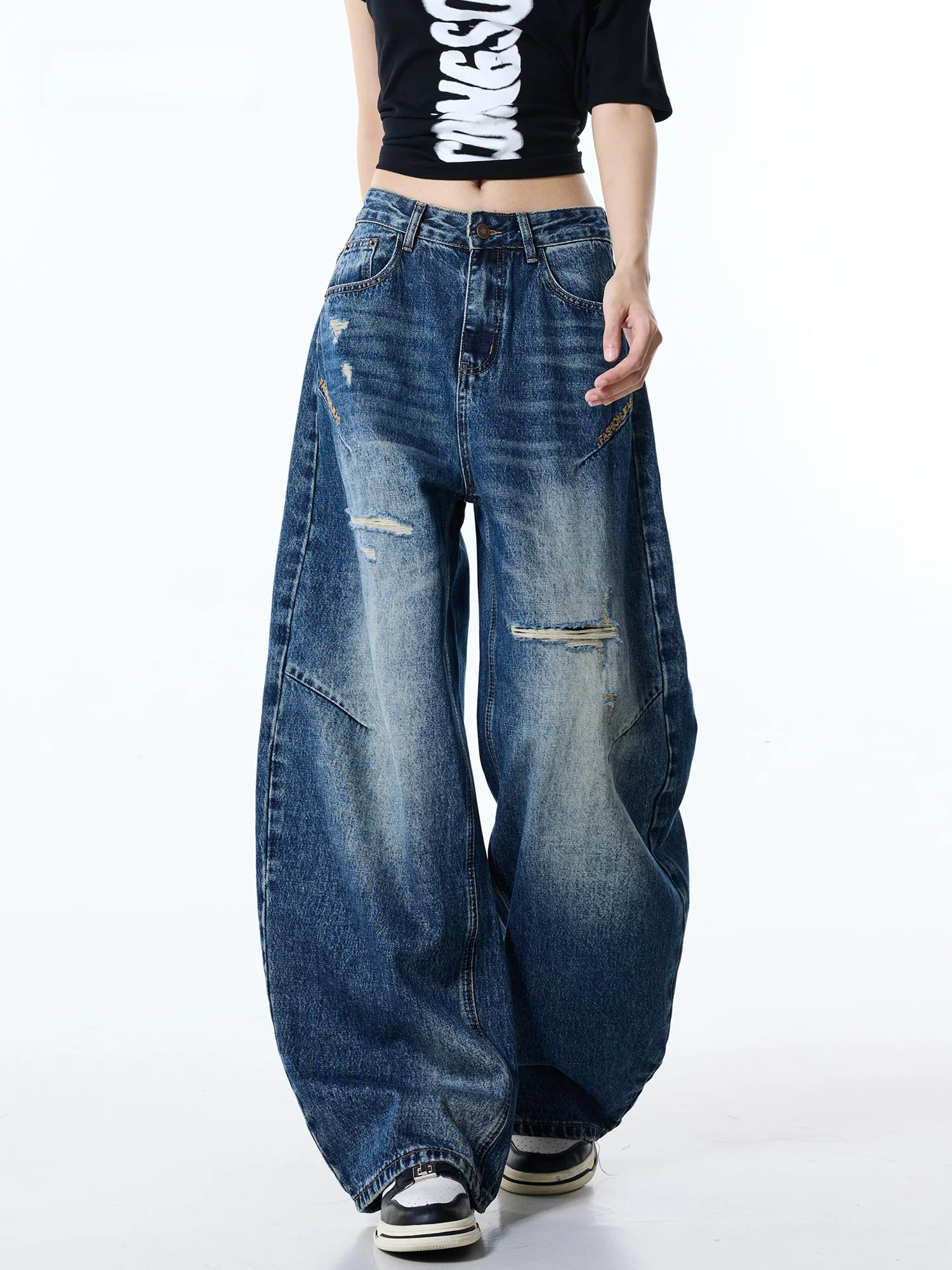 American Style High Waist Wide Leg Jeans Women's Ripped Knife  Denim Pants Fall New Arrival Slimming Floor Length Trousers
