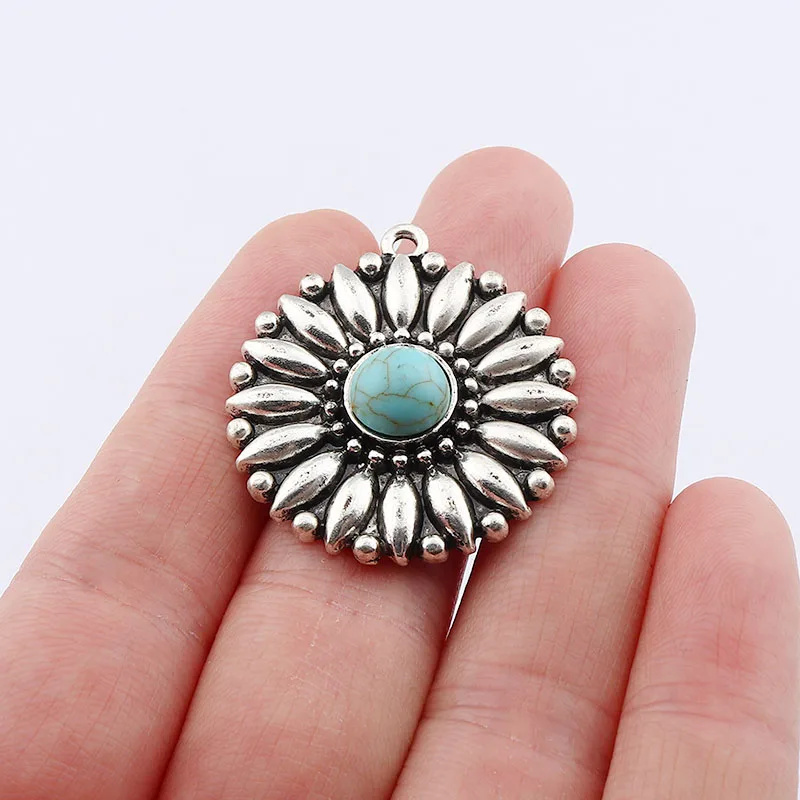 

4 x Tibetan Silver Boho Imitation Turquoises Stone Flower Charms Pendants For DIY Necklace Making Findings Accessories 34x31mm