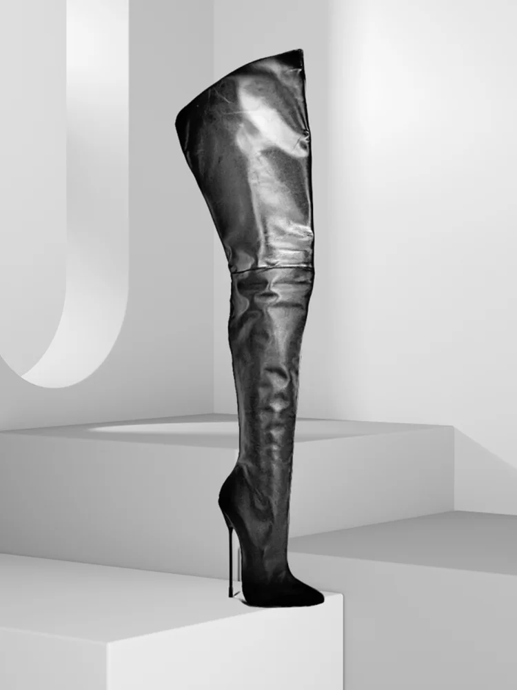 Zwart lederen stiletto sexy laarzen puntschoen mode lente ontwerp vrouwen party casual over de knie laarzen 2025, zapatos para mujer - afbeelding 2