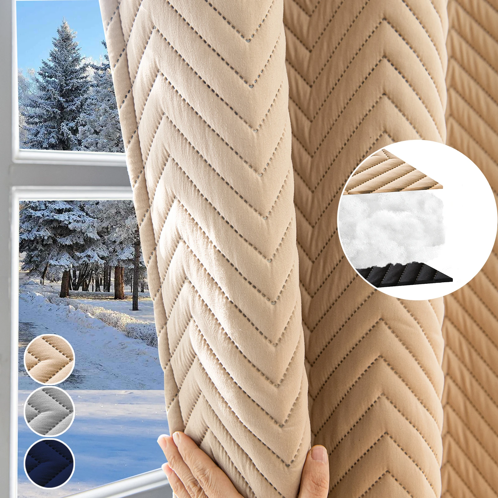Hochwertige Chevron-Steppvorhänge (370GSM), 3-lagige Thermoisolierte Verdunkelungsvorhänge mit Baumwollfutter, Schalldichte Fensterdekoration für Schlafzimmer