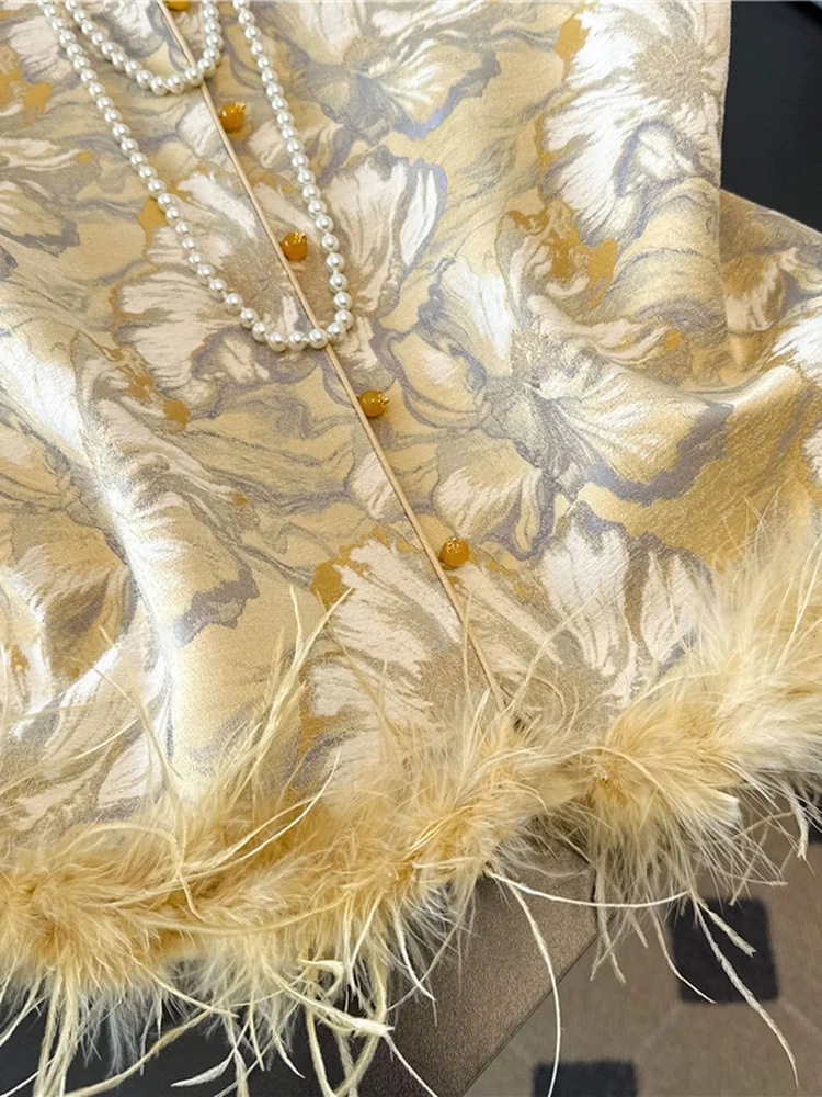 Novo Colete Feminino Chinês Acolchoado de Plumas de Avestruz, Estilo Elegante para Outono/Inverno, com Gola Redonda e Fecho de Botão Único