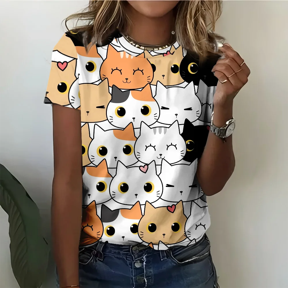 

Cute And Playful Cartoon Cat Pattern Women's Fun T-shirt Fashionable And Comfortable White Short Sleeve