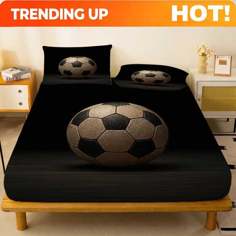 Customize A Classic Black And White Soccer-Themed Fitted Sheet Set Against a Black Background, Featuring a Standalone Deep Pocke