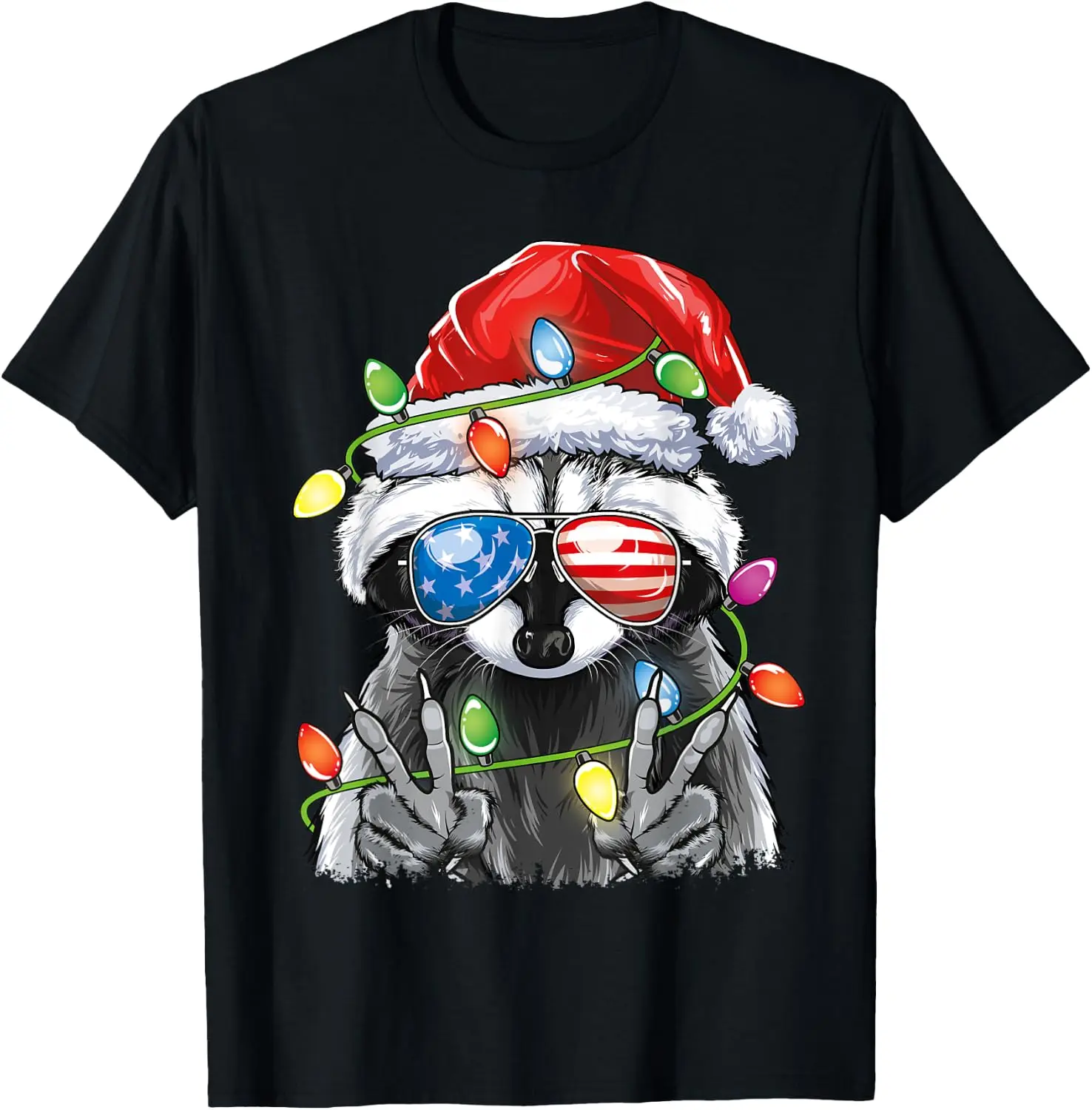 Lights Santa Funny Christmas Tree Raccoon T-Shirt Halloween Cotton Short-Sleeve Tee: Fun, Stylish, Breathable, and Casual