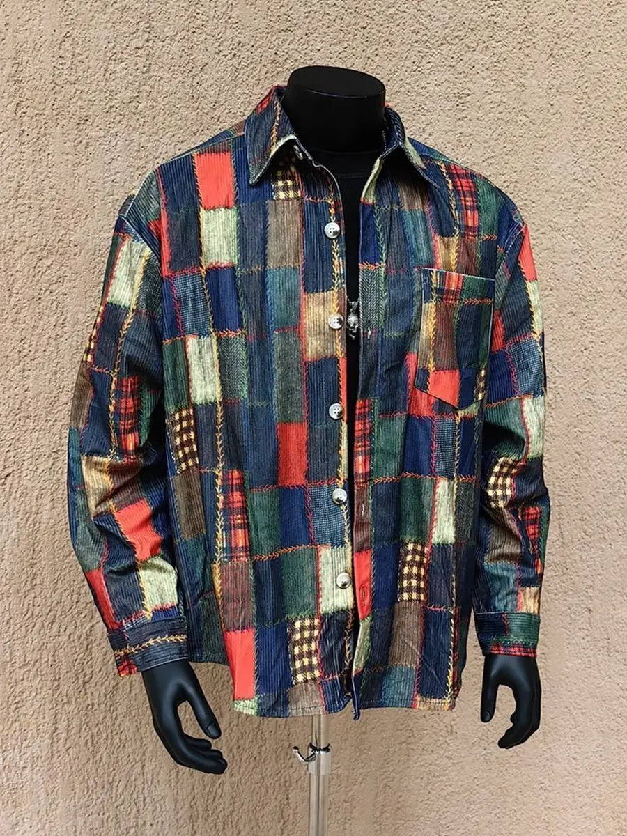 Retro American Plaid Corduroy Long Sleeve Loose Men's Shirt Fashionable Casual Top Ice Sensation Regular Fit Button down