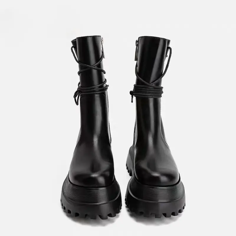 Biker Leather Shoes for Women Mid Calf Footwear Black Ladies Boots Half High Platform Cosplay New in Trend 2024 Chic and Elegant