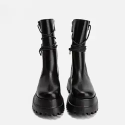 Biker Leather Shoes for Women Mid Calf Footwear Black Ladies Boots Half High Platform Cosplay New in Trend 2024 Chic and Elegant