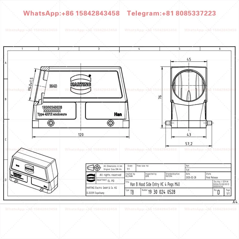 19300240528 HAN-24B-HSE-M40 Heavy Duty Connector Hood Side Entry M40