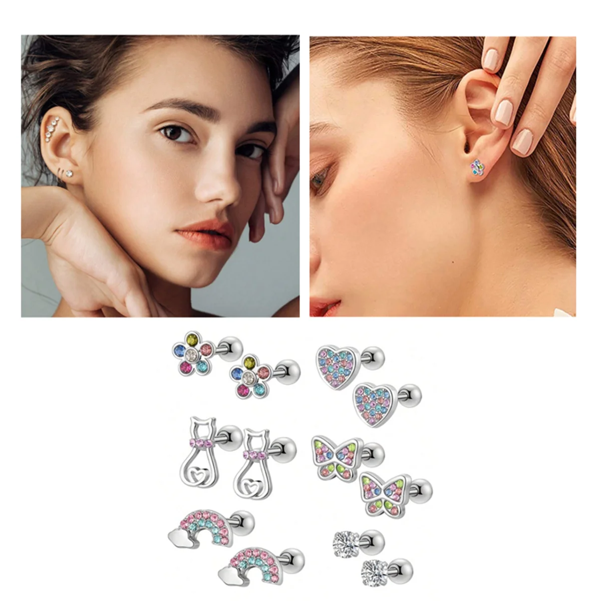 2/12pcs 316L Stainless Steel Cubic Zirconia Screw Back Stud Earrings,Butterfly Heart Rainbow Cat Flower Cartilage Earrings