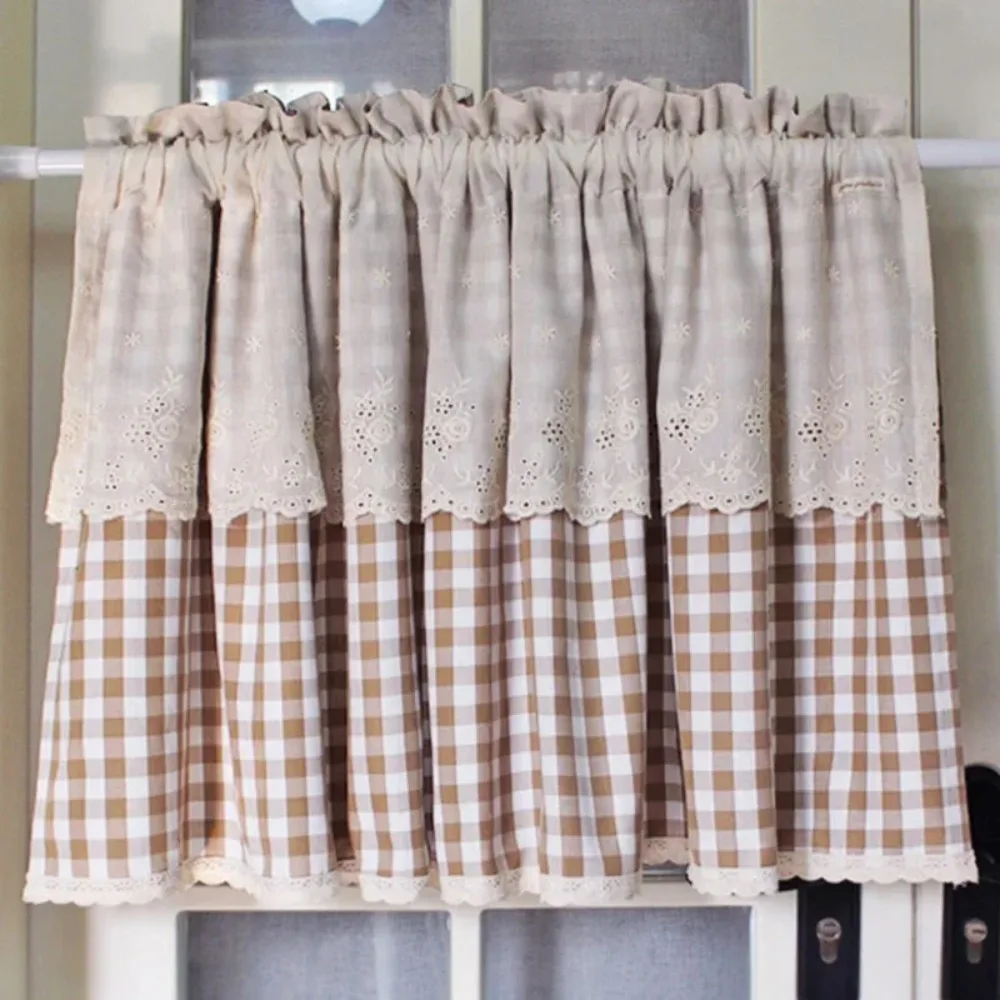Curtains Farmhouse Tiers Kitchen Curtains Gingham Check Rod Pocket Window Short Curtains for Kitchen Bathroom