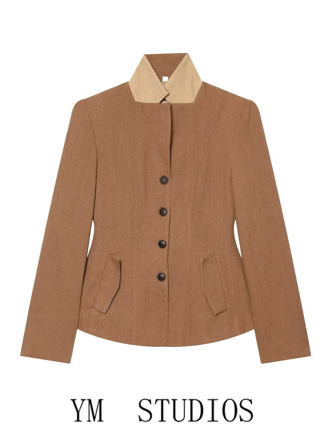 Women's Slim Fit High Collar Mixed Fiber Short Jacket Button Waist Cinching Small Suiting European Style Long Sleeve Coat