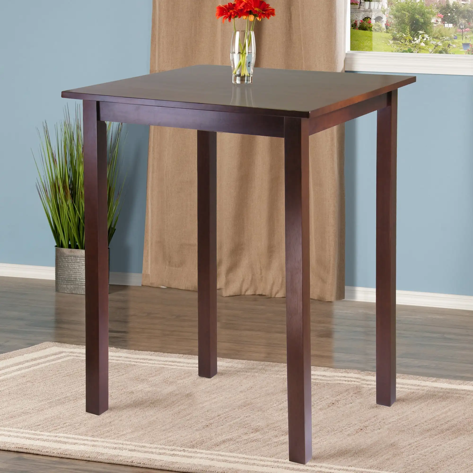 Wood Square High Table Bar Table for Bistro Pub Kitchen, Walnut Finish