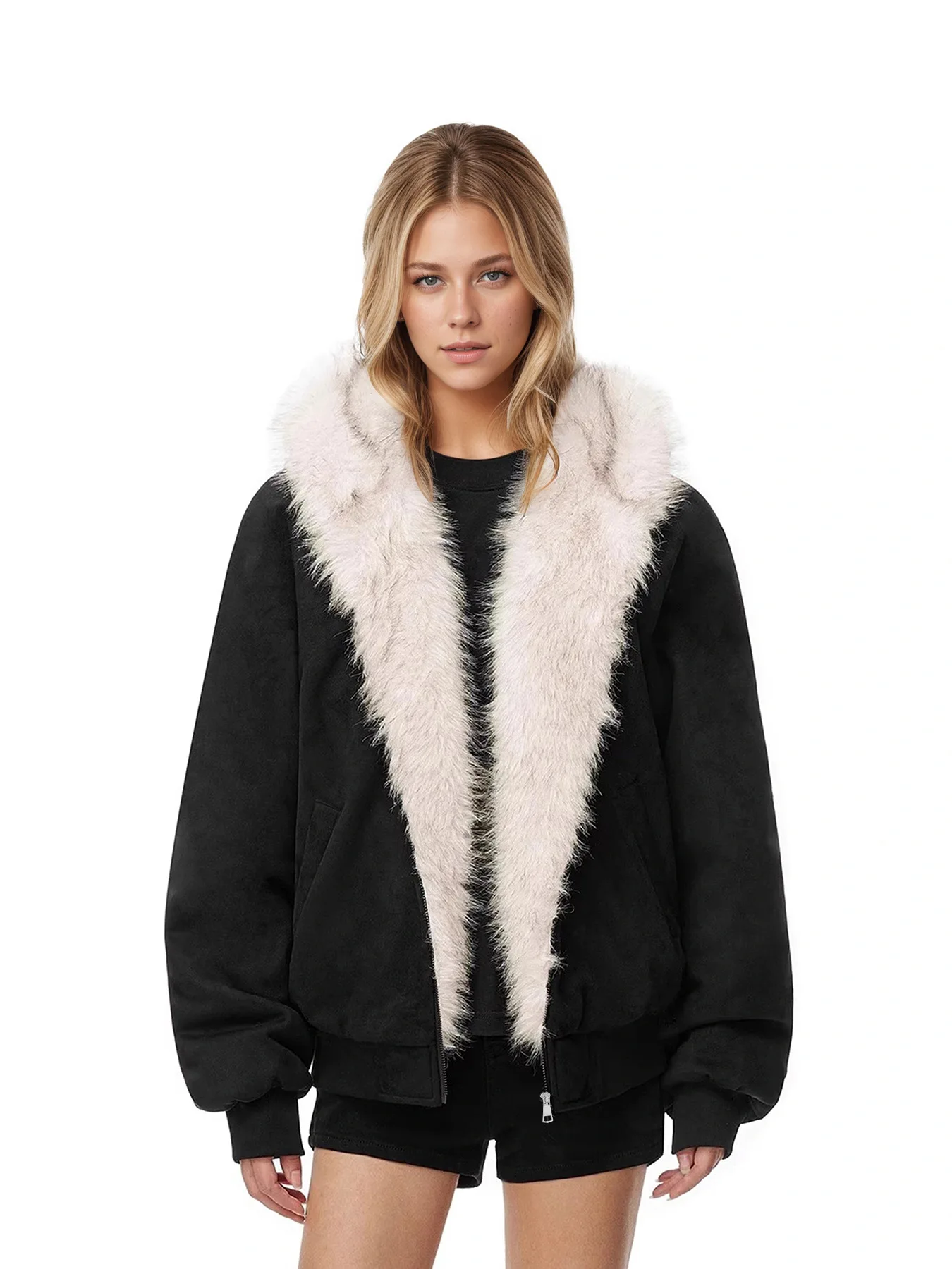 Unisex Winter Faux Suede Fur Collar Jacket Fashionable Commuting Thick Outfit for Couples Men Women's Stylish Cold Weather Coat
