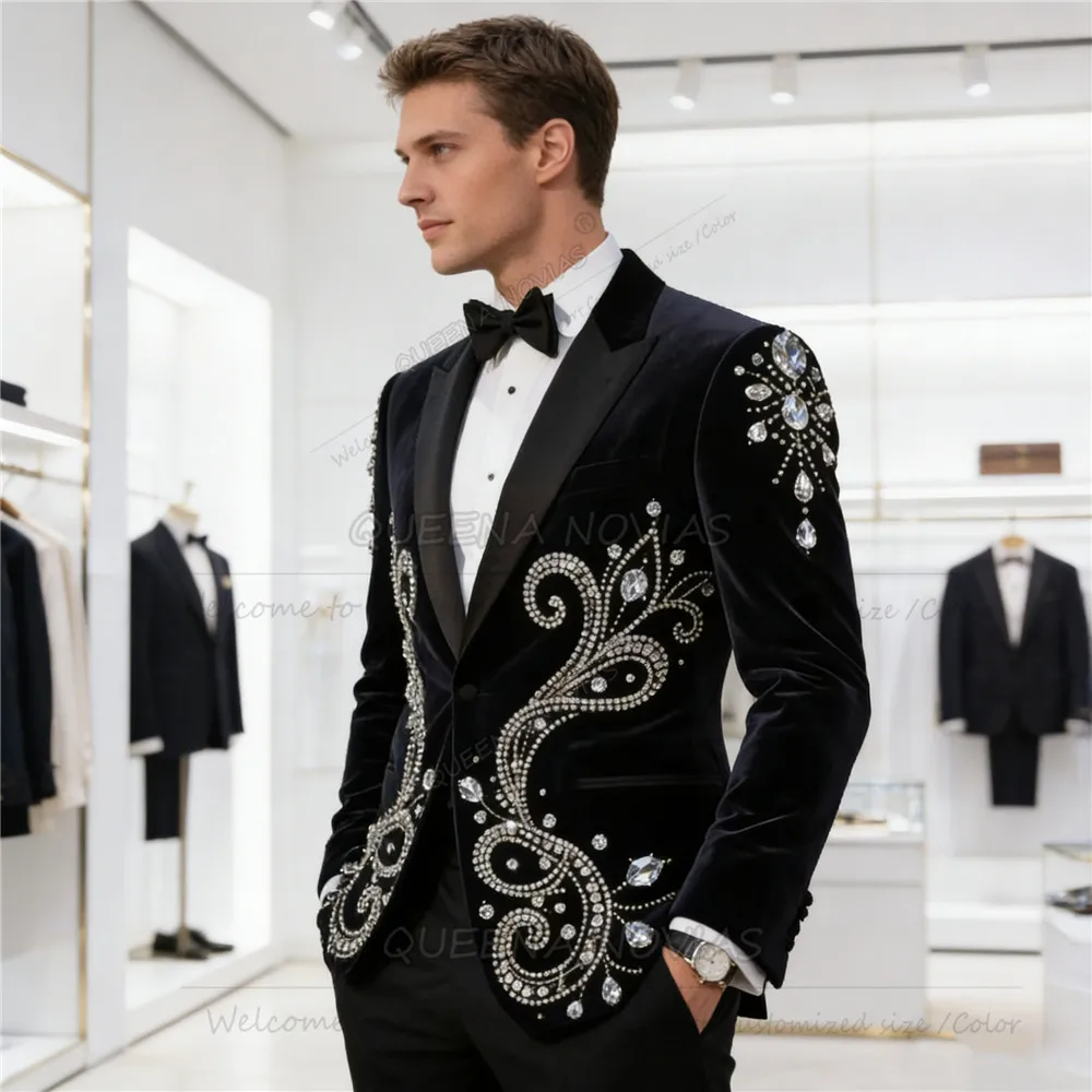 Exclusive Jewelry Stones Groom Wedding Suits Slim Fit Beaded Velvet Prom Blazers Customized Man Party Attire 2 Piece Set Outfits
