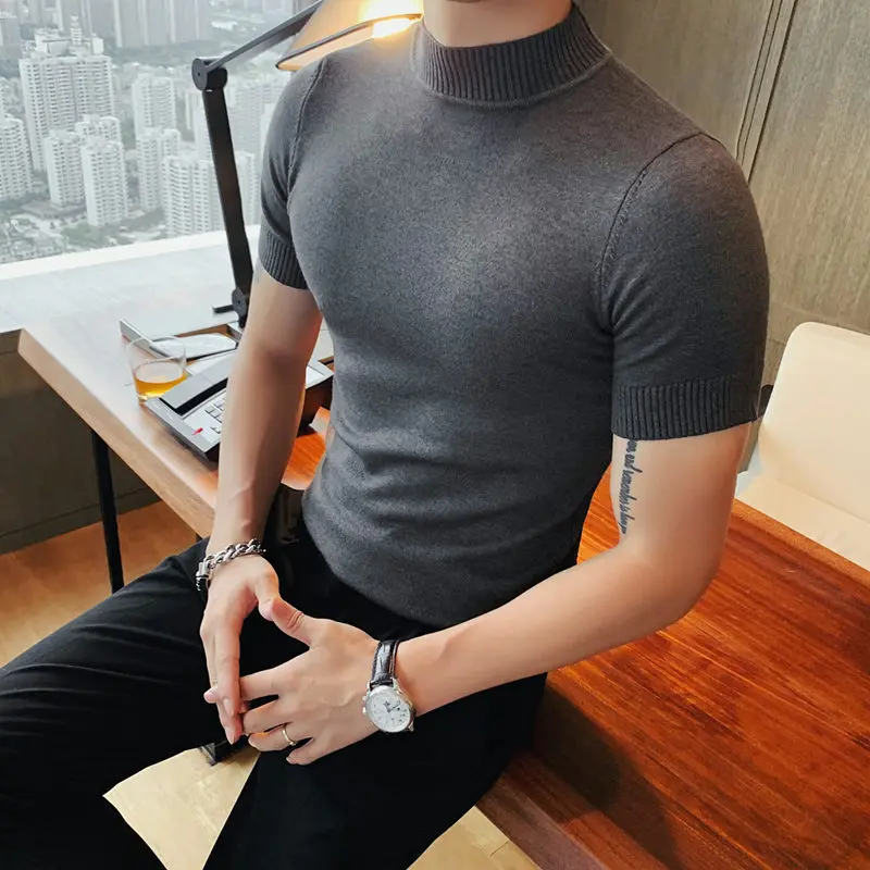 High Quality Men Half Turtleneck Knitted T Shirts Mens Autumn Short Sleeve Slim Fit Solid Pullovers Casual Stretched Sweater Tee