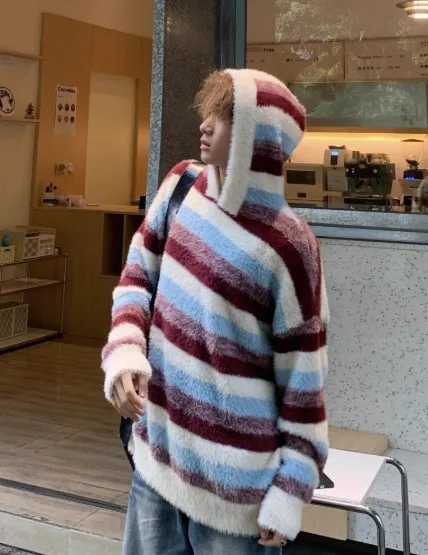 Autumn Winter American Retro Style Men's Blue and White Striped Hooded Sweater Red and White Color Block Casual Knitwear