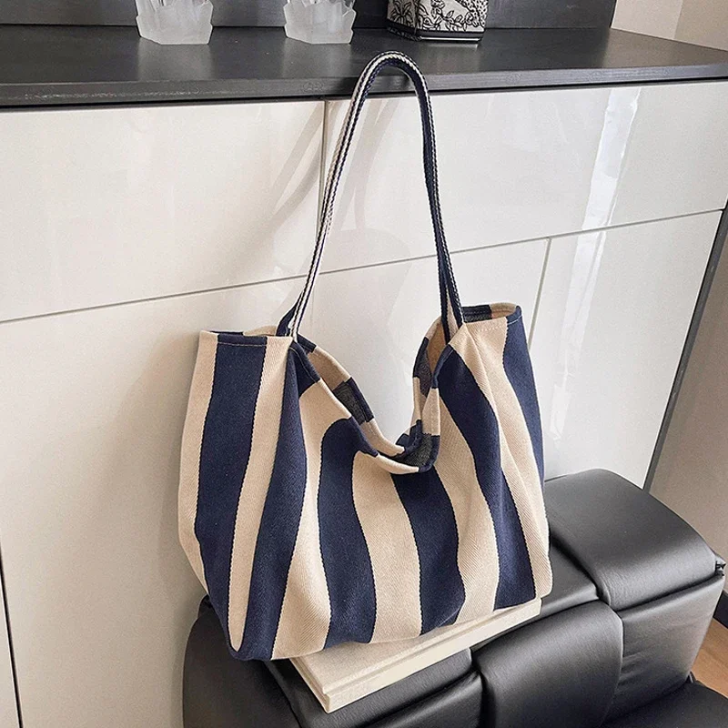 Large Capcity Korean Style Stripe Canvas Tote Bag Female Casual Simple Shoulder Bags Shopping Handbag Daily Totes Bag