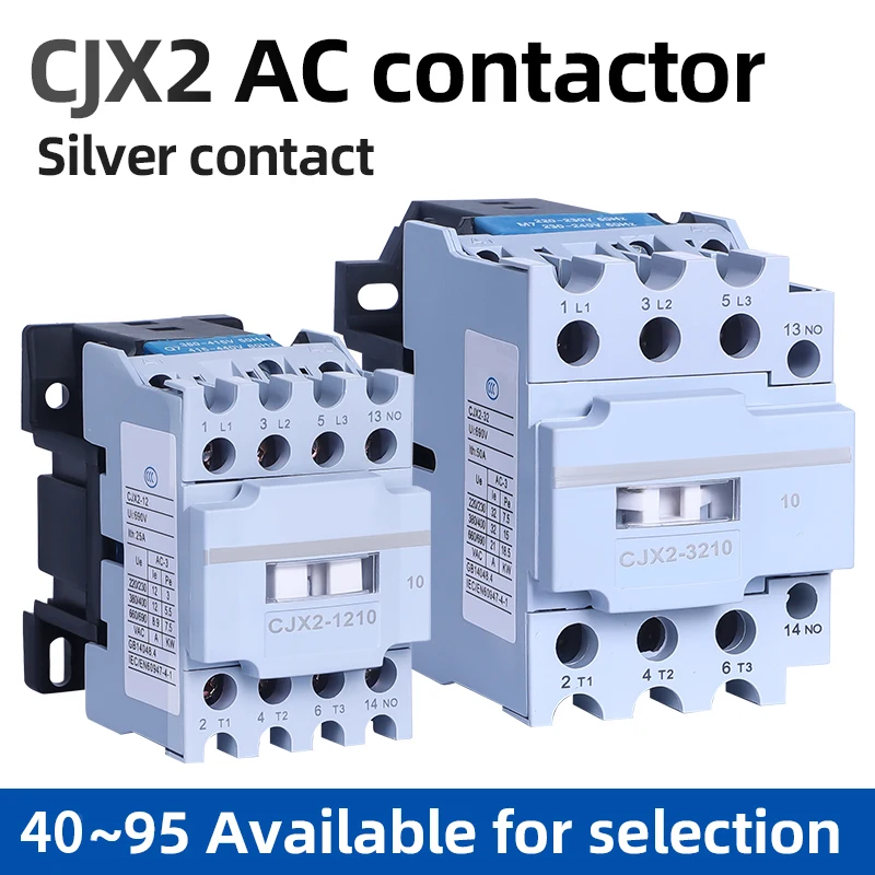 AC Contactor Din Rail Mounted Household Contactor, CJX2 Silver Contact, Coil Voltage 380V, 220V, 50Hz, 60Hz, 4011~9511