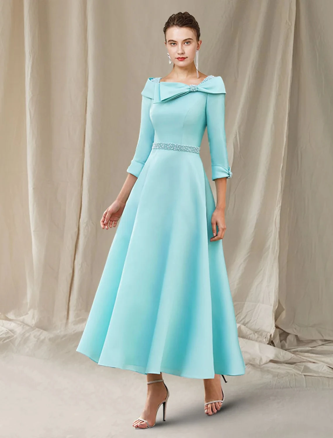 Elegant Mint Green A-line Mother of the Bride Dress with Bow Bateau Neck Ankle Length Satin Guest Party Gowns Robe De Soiree