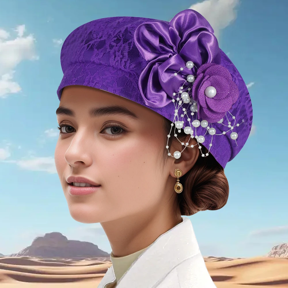 New Lace Flower Beret Cap African Turban Hat for Women Beads Party Head Wrap Auto Gele Headties Nigeria Wedding Bonnet Headgear