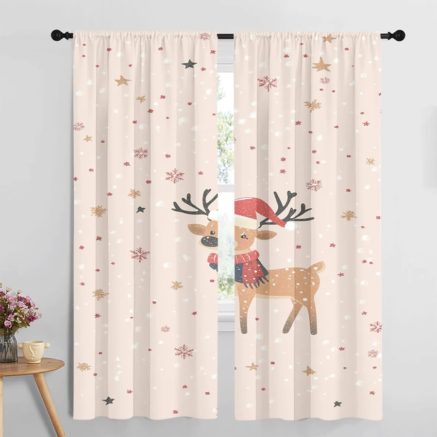 2PCS Cute Cartoon Christmas Reindeer Curtains, Santa Hat Scarf Snowflake Winter Holiday Window Drapes for Kids Bedroom Decor