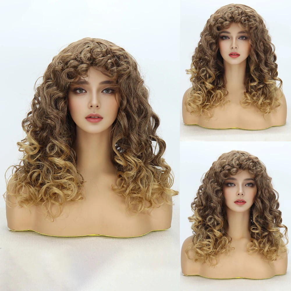 Parrucca Afro sintetica corta riccia sfumata oro con frangia riccia parrucca naturale fibra resistente al calore Cosplay donna