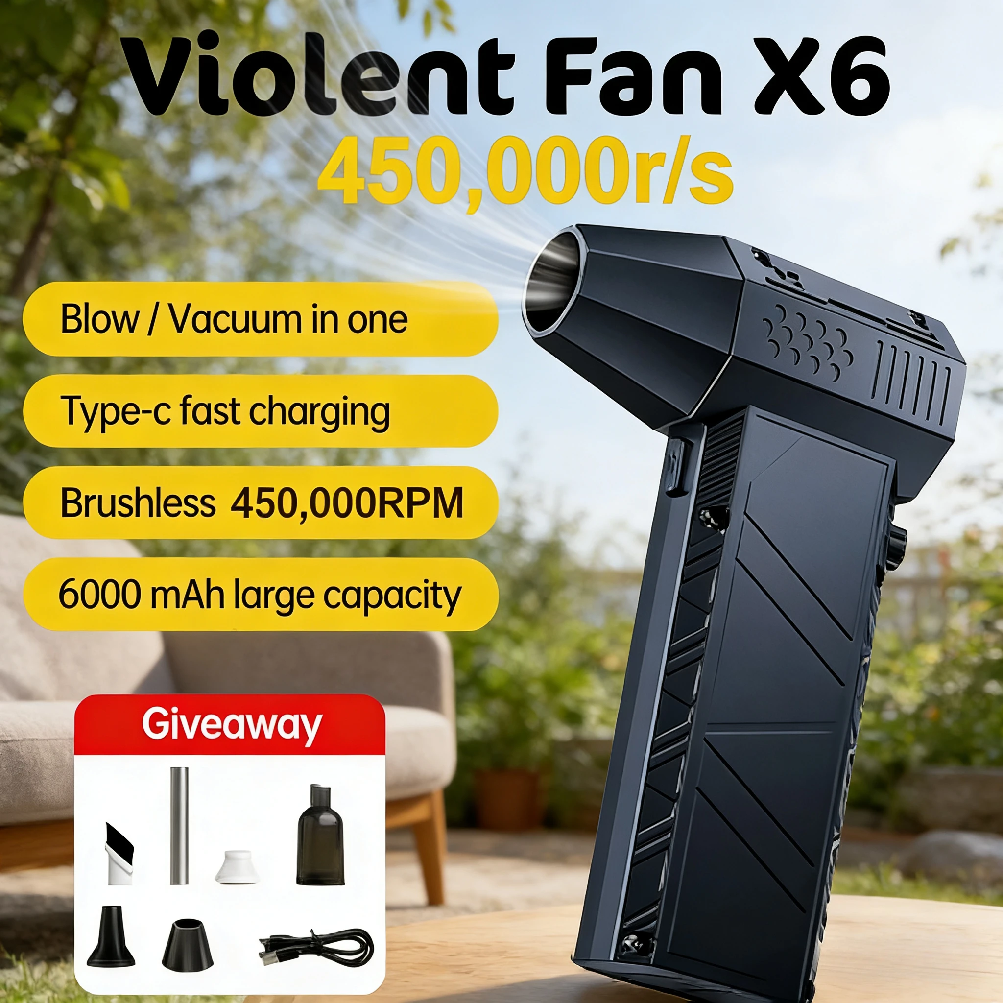 

450,000RPM X6 Blower Vacuum – 2-in-1 Strong Wind Cleaner for Car/Computer (Fast Charging Brushless)