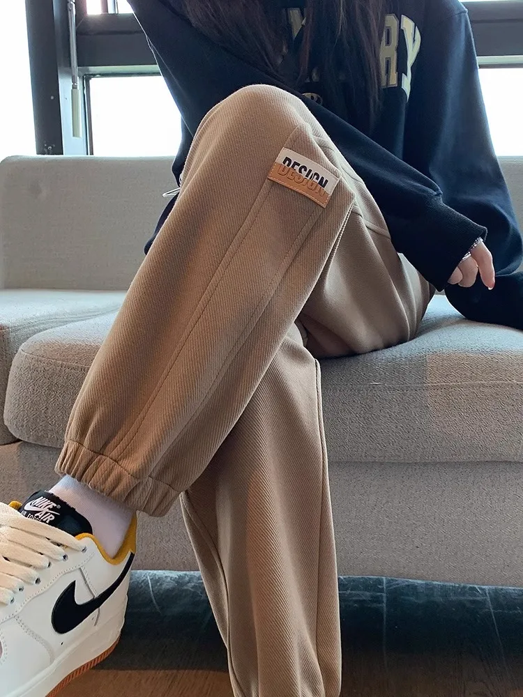 Khaki Fleece Lined Casual Harlan Sports Pants Women's Spring Autumn New Style Slimming Small Size Cuffed Harlan Sweatpants