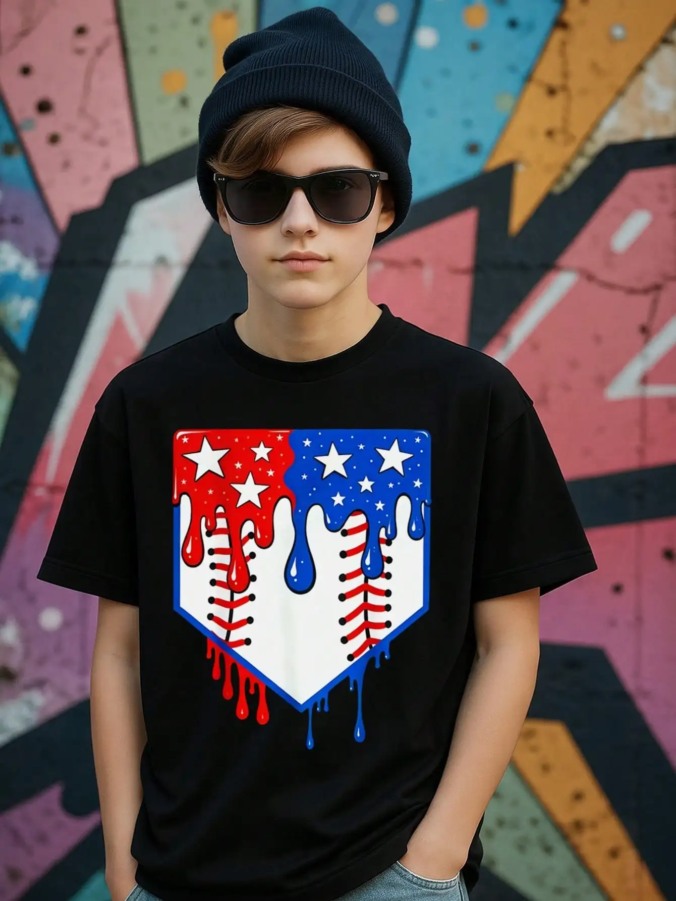 

Tween Boys Dripping Baseball Shield Cotton Graphic Tees, Black Casual Summer Tops With Patriotic Stars And Stripes