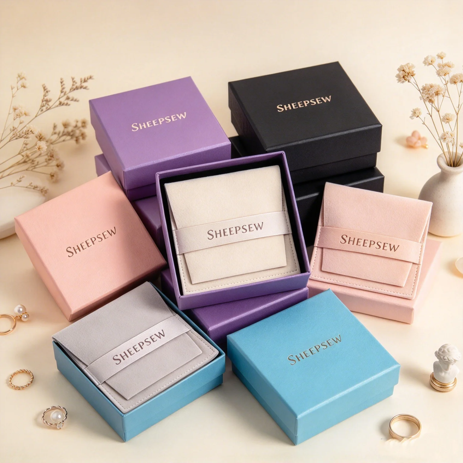 SHEEPSEW Custom Logo Paper Drawer Jewelry Packaging Boxes with Microfiber Snap Pouch, Multi-use Storage Case for Jewelry Brooch