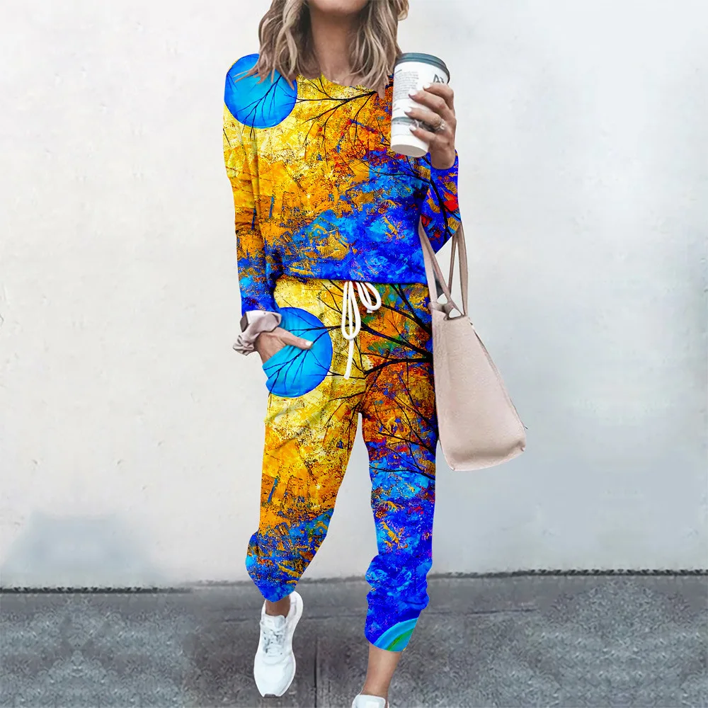 2 Pcs Women Tracksuit Autumn Sweatshirt Top Pants Suit Spring Casual Long Sleeve White Cute Cat Print Pullover Sports Outfits