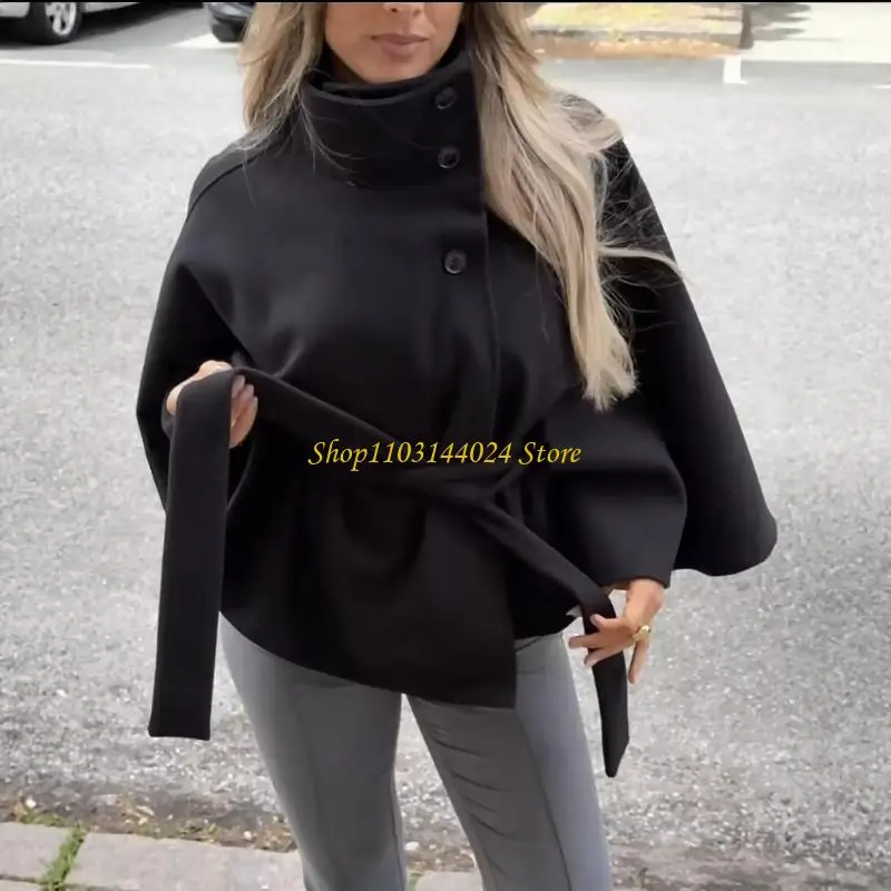 N5KE Women's Short Warm Polyester Sleeve Poncho Coat with High Neck and Adjustable Belt for Comfortable Use