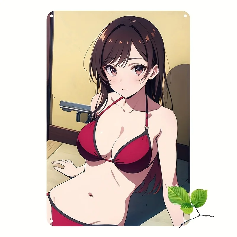 Vintage Aluminum Metal Tin Sign - Anime-Style Red Bikini Character Wall Art, Waterproof & Dustproof Retro Decor for Home, Bar,