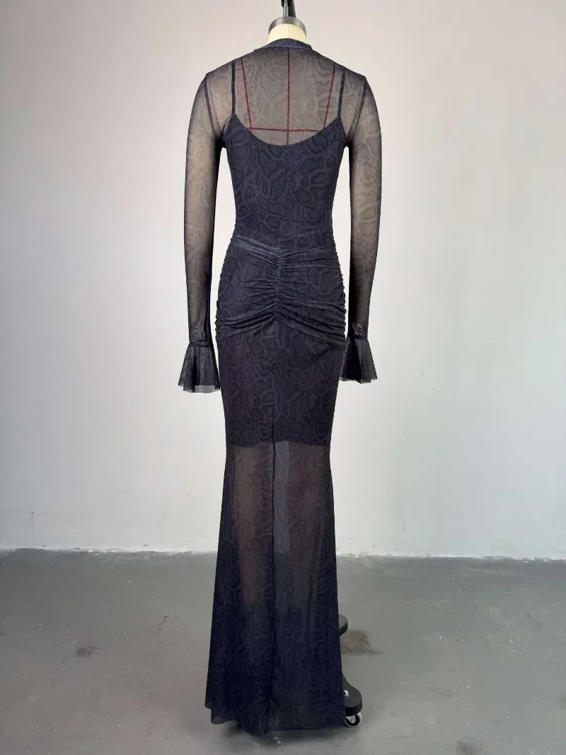 2025 Spring Serpentine Print See Through Mesh Ruched Bodycon Maxi Party Dress Women O-neck Flare Sleeve Lined Clubwear Long Robe