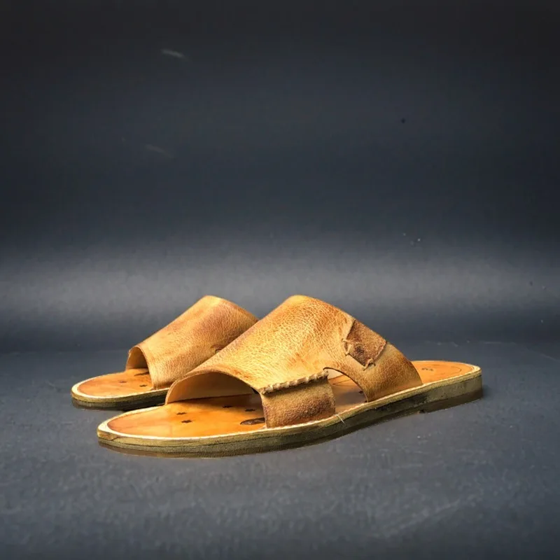 Handmade Men's Shoes Summer Slippers Youth Genuine Leather Luxury Casual Open Toe Fashion Sandals Male Black Brown