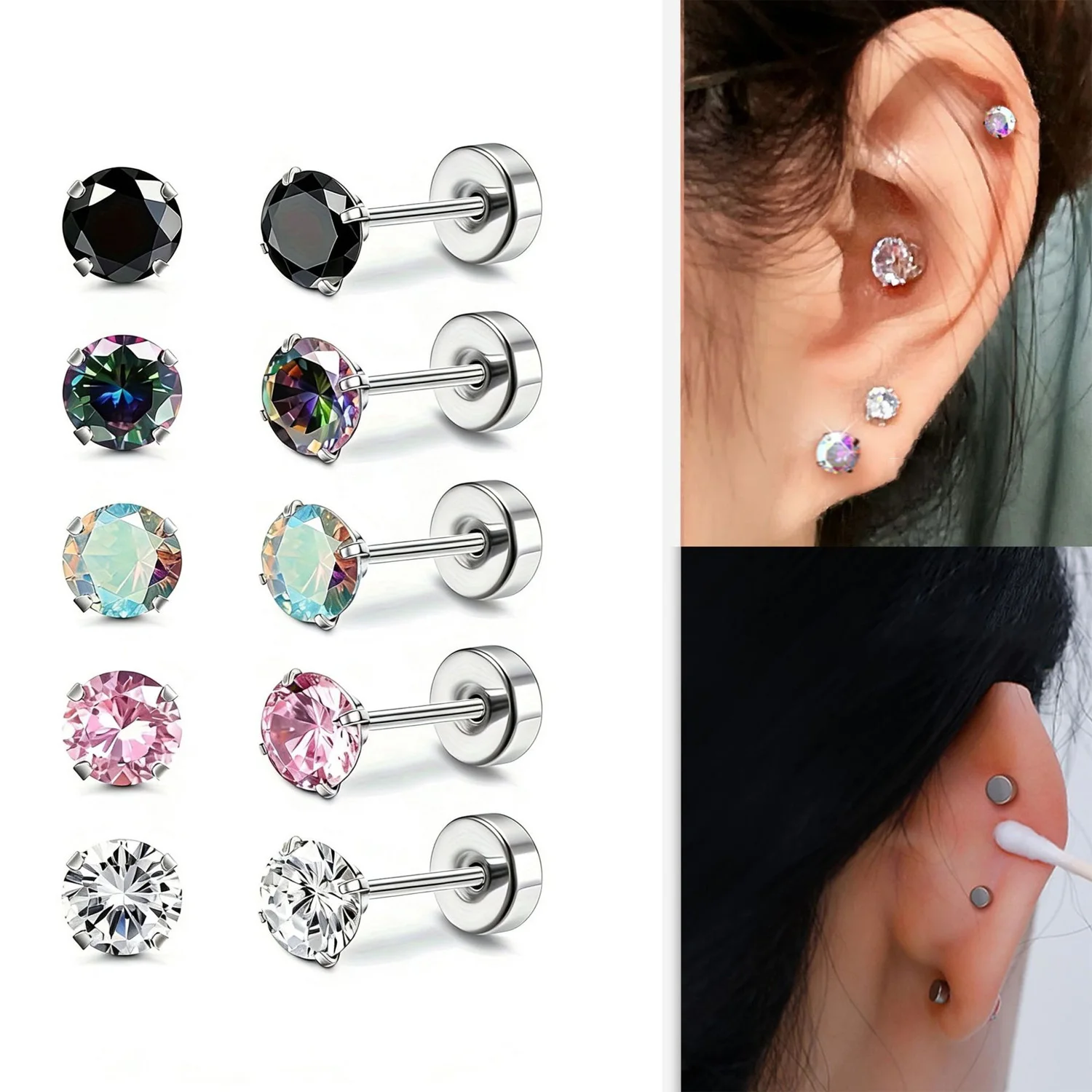 5 Pairs/Set 316L Stainless Steel Stud Earrings with Four-Prong Colored Zircon Stones, Daily Accessories for Men and Women