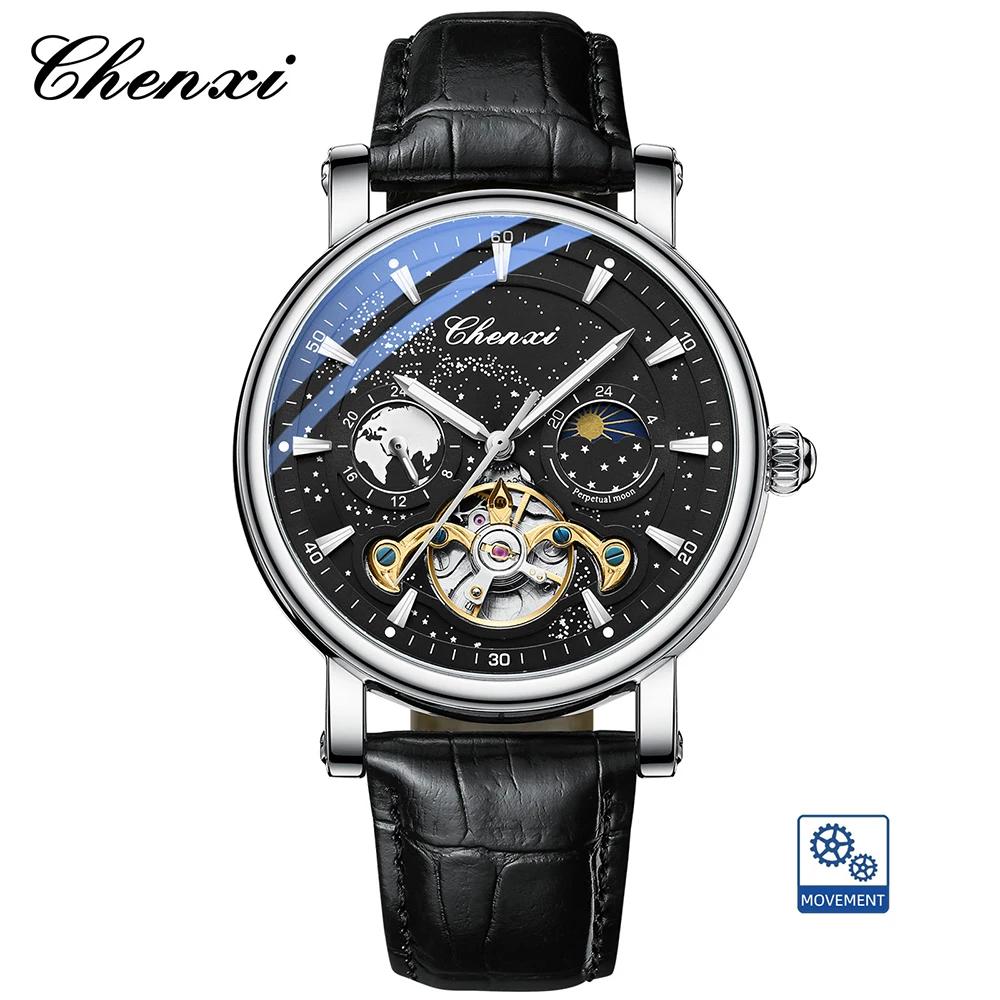 CHENXI Skeleton Tourbillon mechanische Uhren für Herren, vollautomatische leuchtende Mondphase-Chronograph-Herrenuhr 9
