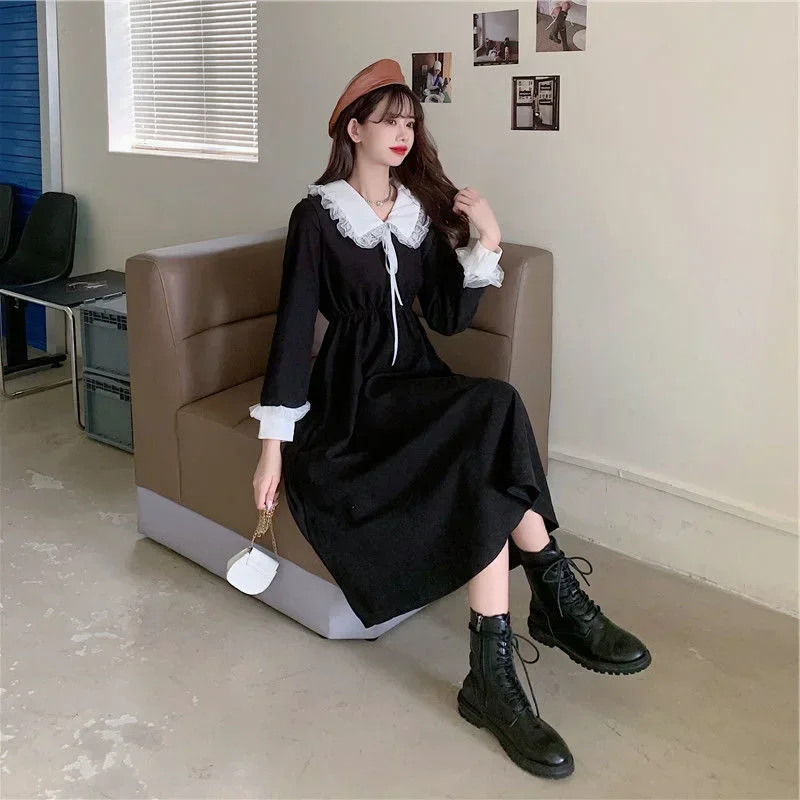 Vintage Dress Women Sweet Lace Peter Pan Collar French Elegant Long Sleeve Lace-Up Fairy One Piece Dress Korean 2025 Autumn Chic