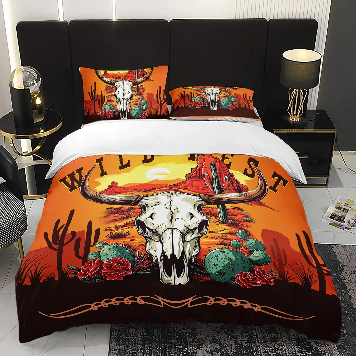 

3pcs Wild West Sunset Cactus Cow Skull Bedding Duvet Cover Set Wild West Themed Bed Quilt Set Western Style Bedroom Decor