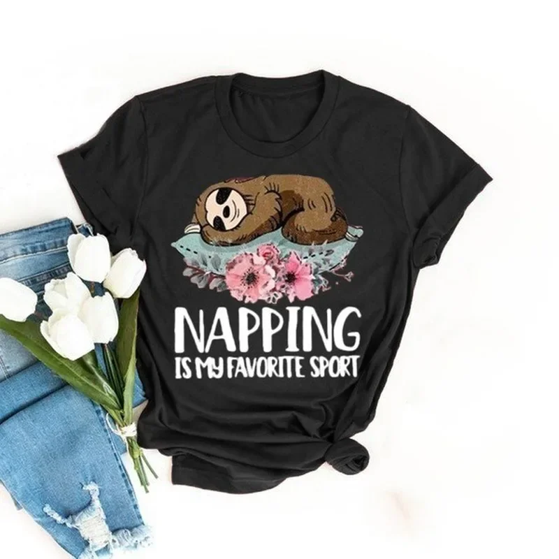 Napping Sloth Print T Shirt Women Short Sleeve O Neck Loose Tshirt Summer Women Tee Shirt Tops Camisetas Mujer